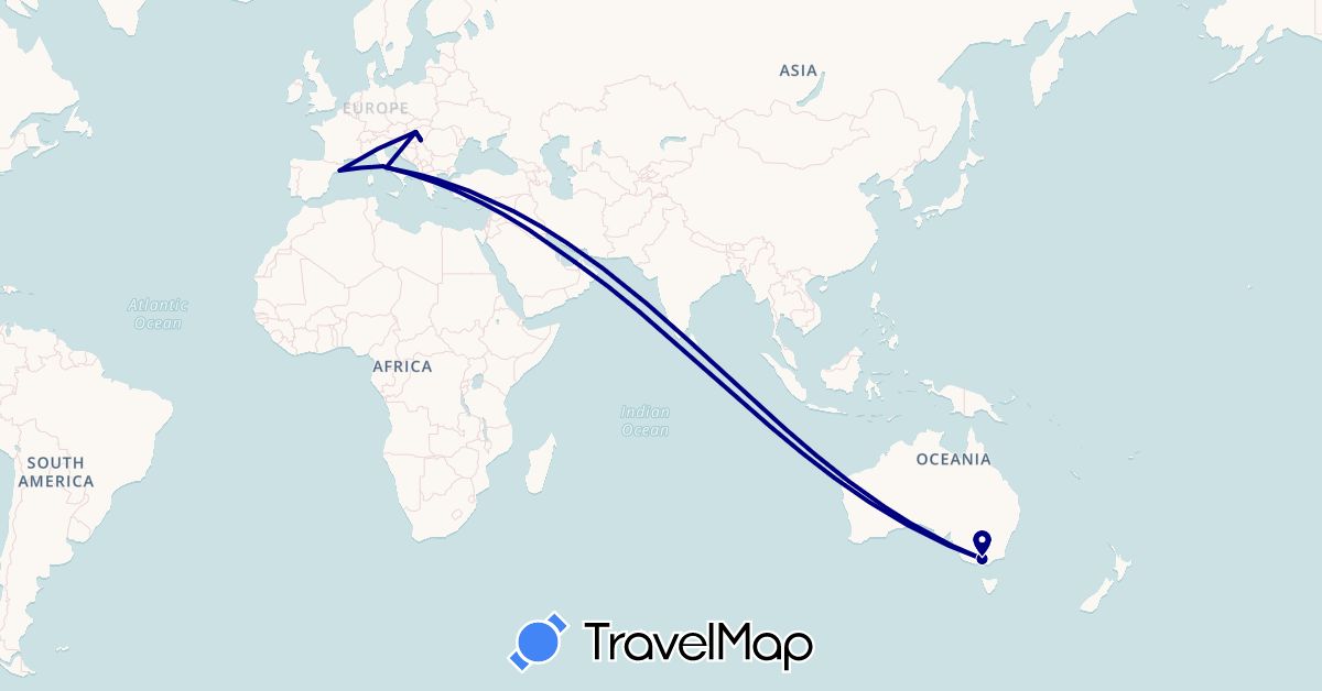 TravelMap itinerary: driving in United Arab Emirates, Australia, Spain, Hungary, Italy (Asia, Europe, Oceania)